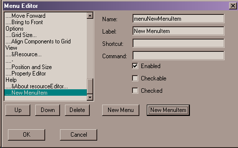 menu editor showing new menu item