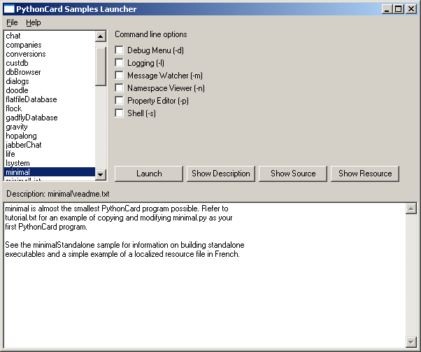 Screen shot of PythonCard Samples Launcher